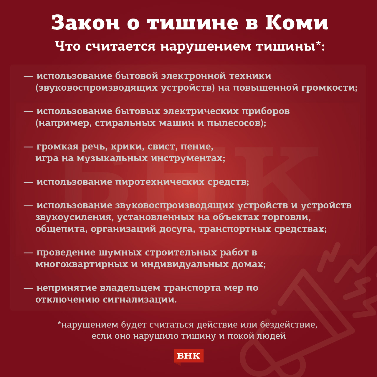 Когда нельзя шуметь и какая ответственность предусмотрена в Коми за нарушение  тишины « БНК